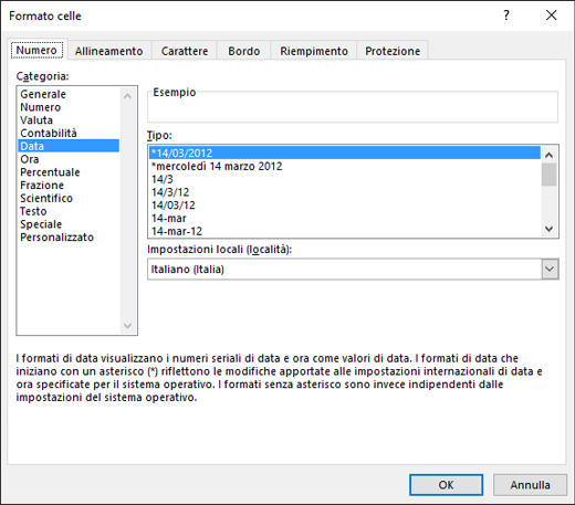 Formattare una cella come data