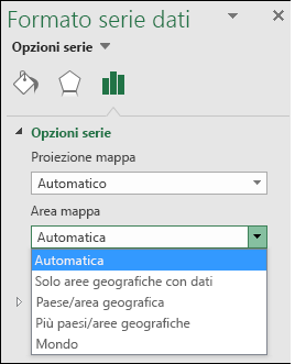 Opzioni Area mappa del grafico a mappa di Excel