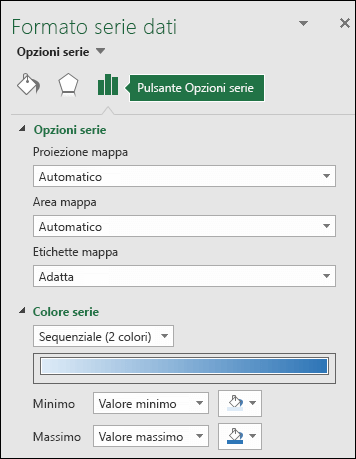 Opzioni serie nel riquadro attività Formato oggetto per Grafico a mappa di Excel