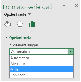 Opzioni Proiezione del grafico a mappa di Excel