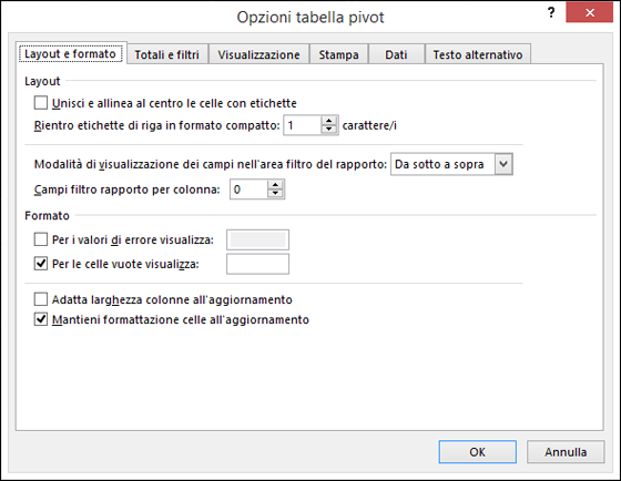 Finestra di dialogo Opzioni tabella pivot