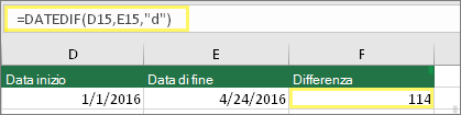 Cella D15 con 01/01/2016, cella E15 con 24/04/2016, cella F15 con la formula =DATA.DIFF(D15;E15;d) e risultato 114
