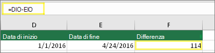 Cella D10 con 01/01/2016, cella E10 con 24/04/2016, cella F10 con la formula =E10-D10 e risultato 114