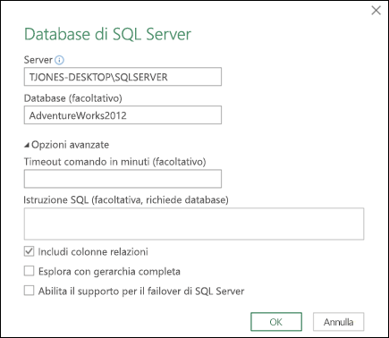 Finestra di dialogo della connessione al database di SQL Server di Power Query