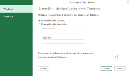 Credenziali di accesso della connessione a SQL Server di Power Query