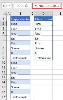 Funzione UNICI usata per ordinare un elenco di nomi