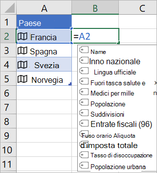 La cella A2 contiene la Francia; La cella B2 contiene =A2. e viene visualizzato il menu Completamento automatico formule con i campi del record collegato