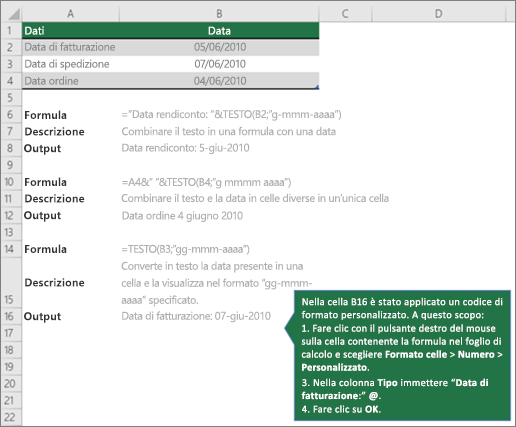 Esempi per mostrare come le formule possono combinare testo con valori di data e ora