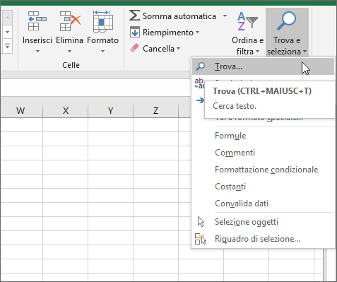 Opzione Trova sulla barra multifunzione