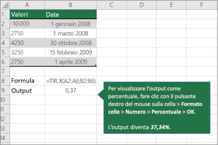 Screenshot che mostra un esempio di funzione XIRR.