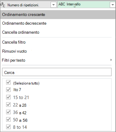Uso del filtro automatico per visualizzare gli intervalli creati