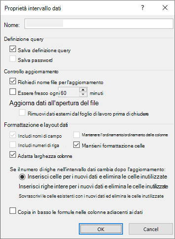 Esempio della finestra di dialogo Proprietà intervallo di dati esterno