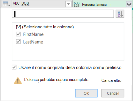 Selezione di Espandi per una colonna record strutturato