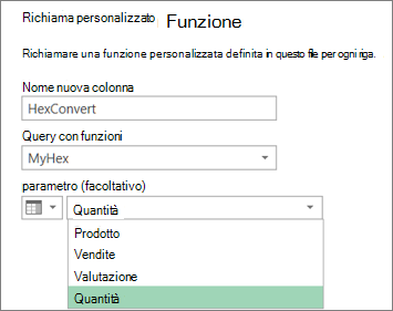 Finestra di dialogo Richiama funzione personalizzata