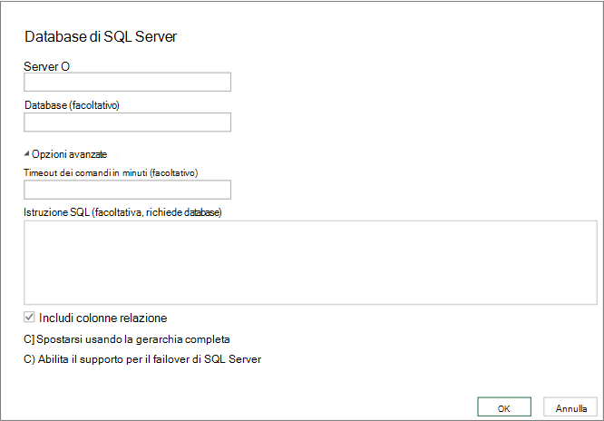 Finestra di dialogo Database di SQL Server