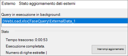 Finestra di dialogo Stato aggiornamento dati esterni