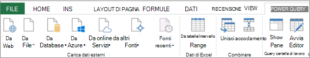 Barra multifunzione di Excel 2013 Power Query