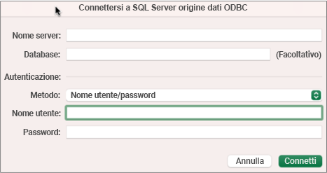 Finestra di dialogo SQL Server per immettere il server, il database e le credenziali