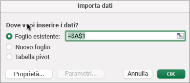 Finestra di dialogo Importa dati utilizzata per individuare i dati