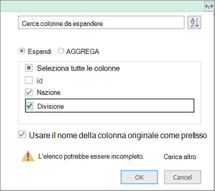 Espansione della tabella strutturata nella tabella query