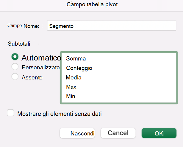 Aggiungere un campo di tabella pivot