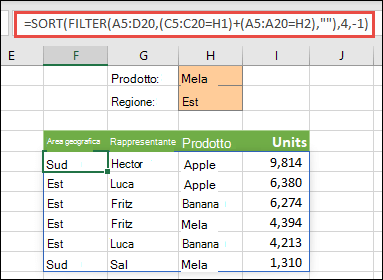 FILTRO e DATI.ORDINA insieme. Filtrare per prodotto (mela) o per area geografica (Est)