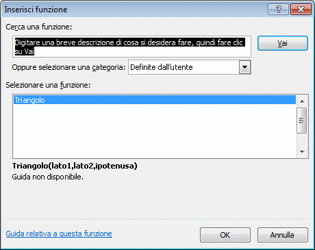 Finestra di dialogo Inserisci funzione