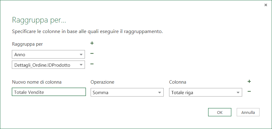 Finestra di dialogo Raggruppa per per le operazioni di aggregazione