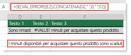 Funzioni SE e VAL.ERRORE usate come soluzione alternativa per concatenare una stringa con errore #VALORE!