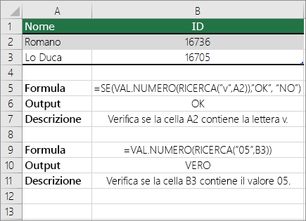 Esempi di SE, VAL.NUMERO e CERCA