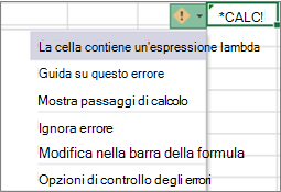 Il messaggio di errore e l'elenco a discesa per l'errore LAMBDA