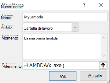 Definizione di una funzione LAMBDA in Gestione nomi