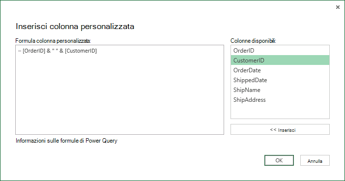 Specificare la formula della colonna personalizzata per eseguire il merge dei valori delle colonne