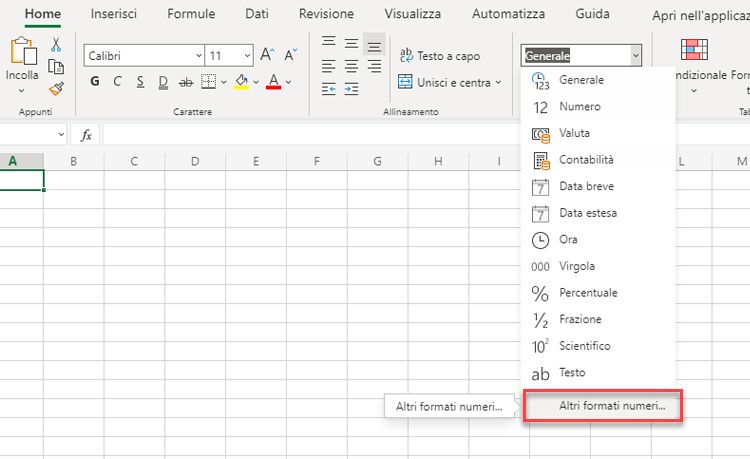 Menu Formato numero con l'opzione Altri formati numerici evidenziata.