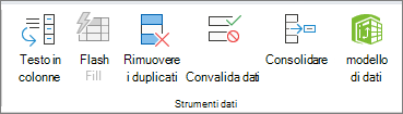 Screenshot che mostra il gruppo Strumenti dati nella scheda Dati.