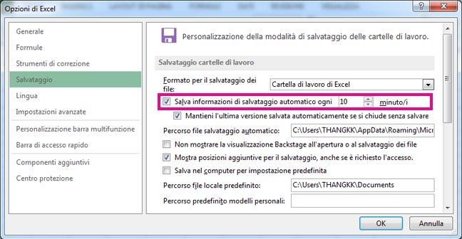 Opzioni di Excel: opzione Salva