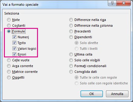 Opzioni per trovare le formule nel riquadro Vai a formato speciale