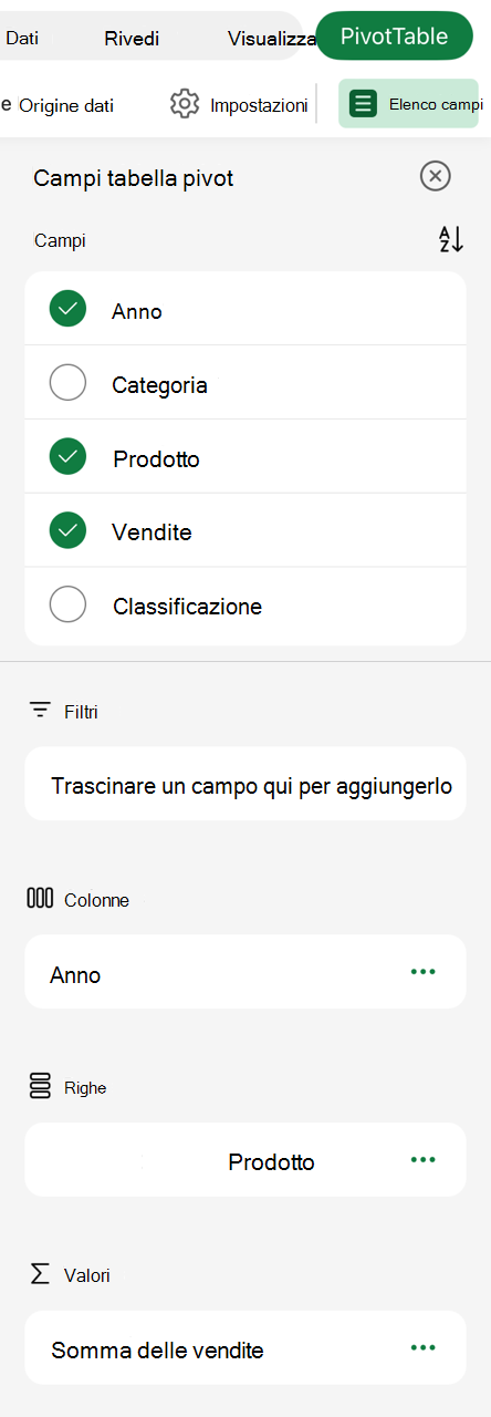 Tabella pivot in iPad Elenco campi