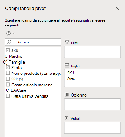 Campi tabella pivot in Excel per il web
