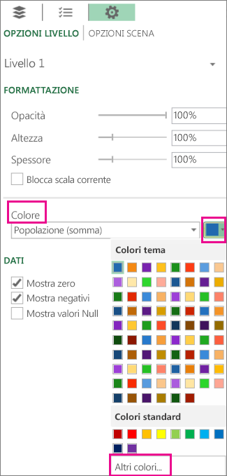 Tavolozza di colori nella scheda Opzioni livello di Impostazioni