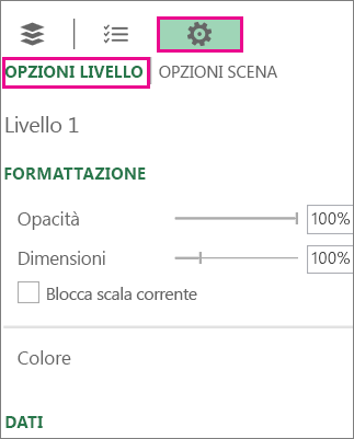 Icona Impostazioni nella scheda Opzioni livello