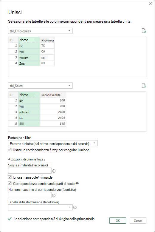 Opzioni di unione fuzzy di Power Query