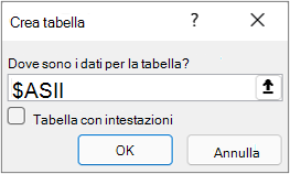 Finestra di dialogo Da tabella