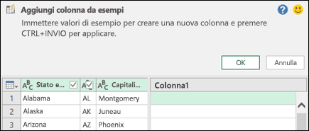Riquadro Aggiungi colonna da esempi in Power Query