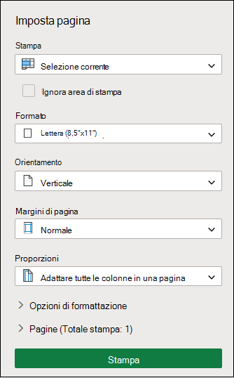 Stampa selezione corrente in Excel per il web