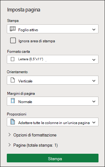 Schermata di configurazione della stampa