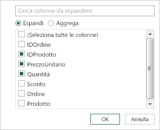 Selezionare i nomi di colonna