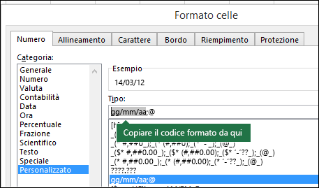 Esempio di utilizzo della finestra di dialogo personalizzata Formato > numero >> celle per fare in modo che Excel crei automaticamente stringhe di formato.