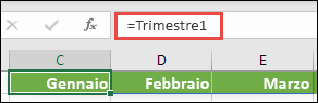 Usare una costante di matrice denominata in una formula, come = Trimestre1, in cui Trimestre1 è stato definito come ={Gennaio,Febbraio,Marzo}