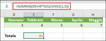 Usare costanti di matrice nelle formule. In questo esempio è stato usato =SOMMA(D9:H(*SEQUENZA(1,5))